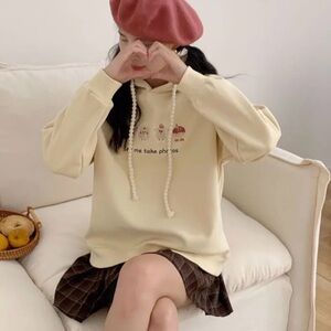 Kawaii Cream Hoodie Cute Embroidered Cartoon Oversized